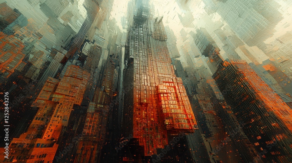 Poster surreal urban landscape with abstract structures and vibrant colors depicting a dynamic metropolis i
