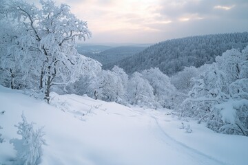A serene winter path in a snow-covered forest at dusk, with the sky transitioning from light to dark.