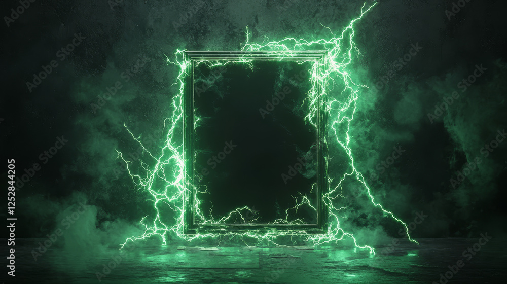 Poster empty frame decorated with neon green toxic smoke and lightning discharges isolated on transparent b