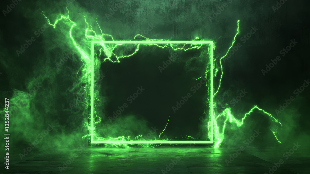Poster empty frame decorated with neon green toxic smoke and lightning discharges isolated on transparent b
