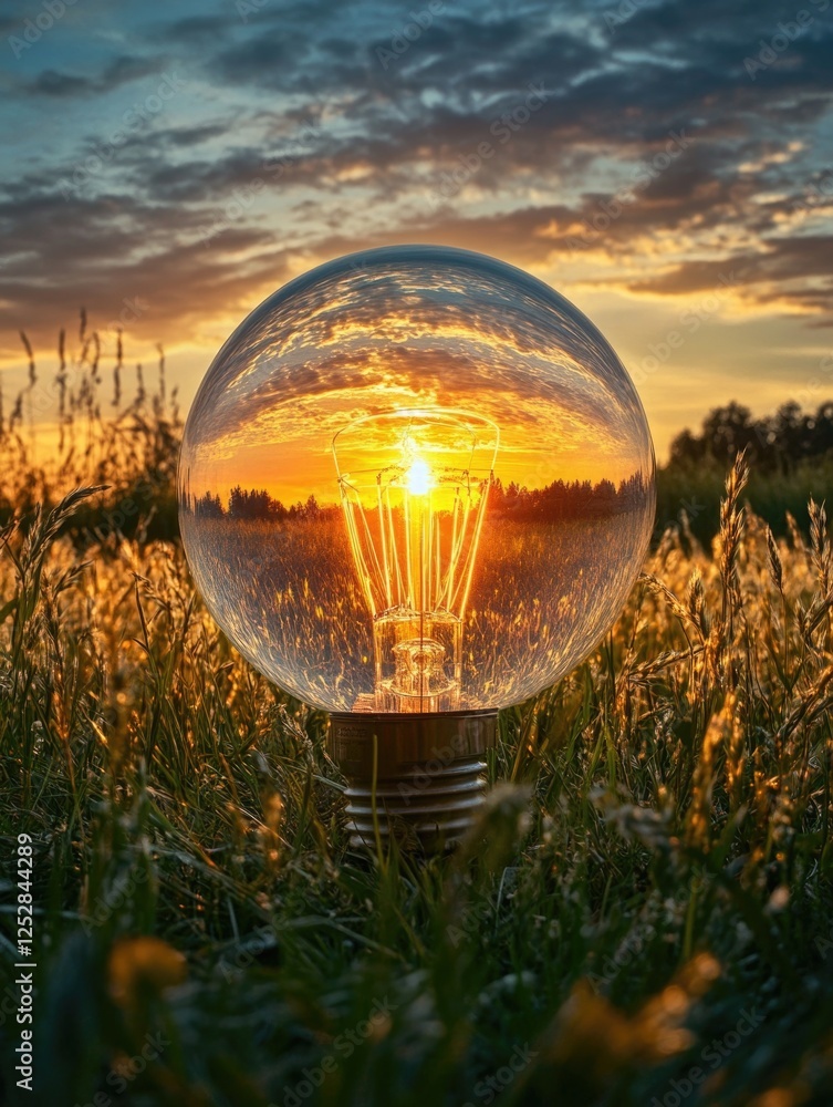 Aufkleber a single glowing led lightbulb illuminated by sunlight in a field with tall grass and weeds.