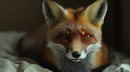 Fototapeta premium Fox lying on a bed with white and gray sheets. Its gaze is direct into the camera, creating an intimate portrait.