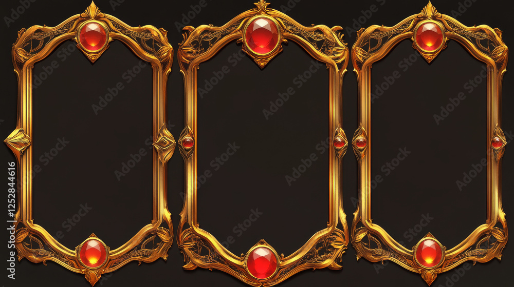 Poster game button magic collection - golden frames with ruby gem accents. fantasy interface elements with 