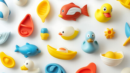 Colorful plastic toys arranged creatively on a white background for playful aesthetics.