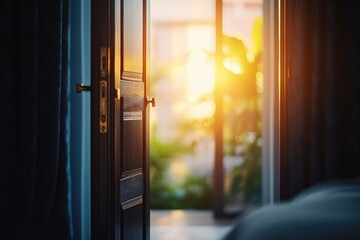Bright room with sliding door open, letting in the glow of a sunrise or sunset.