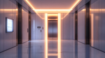 Empty hallway with light from open elevators doors. Vector realistic modern office or hotel lobby interior with lift, metal panel with buttons and floor display on wall
