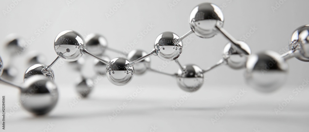 Poster close-up view of interconnected metallic spheres representing molecular structures, set against a mi
