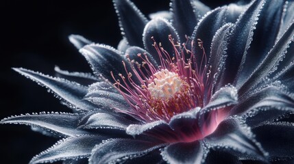 Fototapeta premium Dark succulent flower close-up, black background, nature photography, website banner
