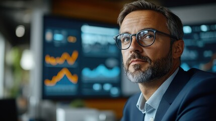 Fototapeta premium Professional man analyzing data in a modern office during the day while observing digital graphs on multiple screens