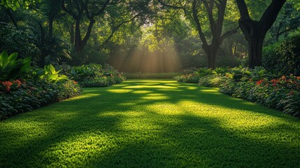 Sunbeams illuminate lush green park path - obrazy, fototapety, plakaty