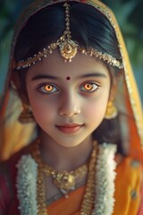 Obraz premium Girl with henna-decorated hands and eyes, in traditional South Asian wedding attire.