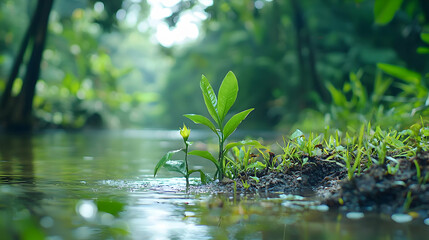 Fresh Plant Growing Beside a Stream in a Lush Forest