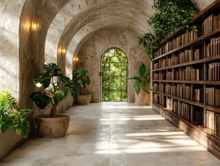 Naklejka premium Serene Interior Library Space with Natural Light, Arched Windows, and Lush Greenery for Calm Reading Environment