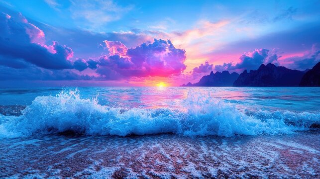 Vibrant sunset over ocean waves, beach, mountains. Travel poster
