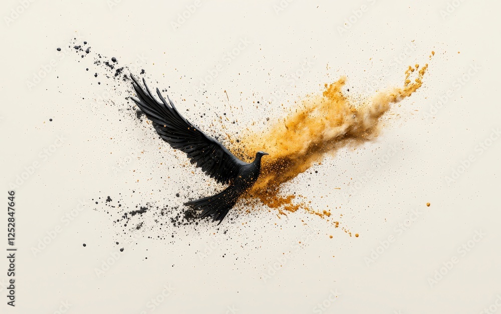 Poster black bird in flight with colorful powder explosion on white background creating artistic effect and
