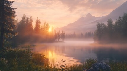 3D render of a sleek futuristic landscape with towering cliffs and calm water, combined with a modern minimal background and sunrise lighting