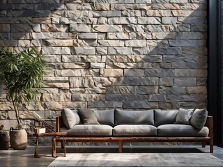 Modern Living Room with Stone Wall and Wooden Sofa