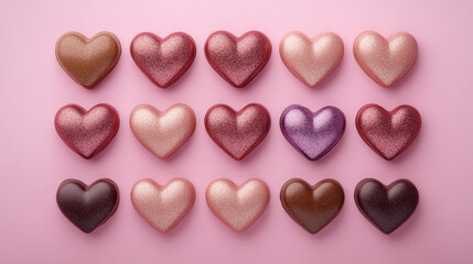 Obraz premium collection of heart shaped cho tes in various shades on pink background
