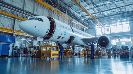 A dynamic view of technicians in an aerospace assembly hangar, assembling components of a next-generation aircraft, Aerospace assembly scene
