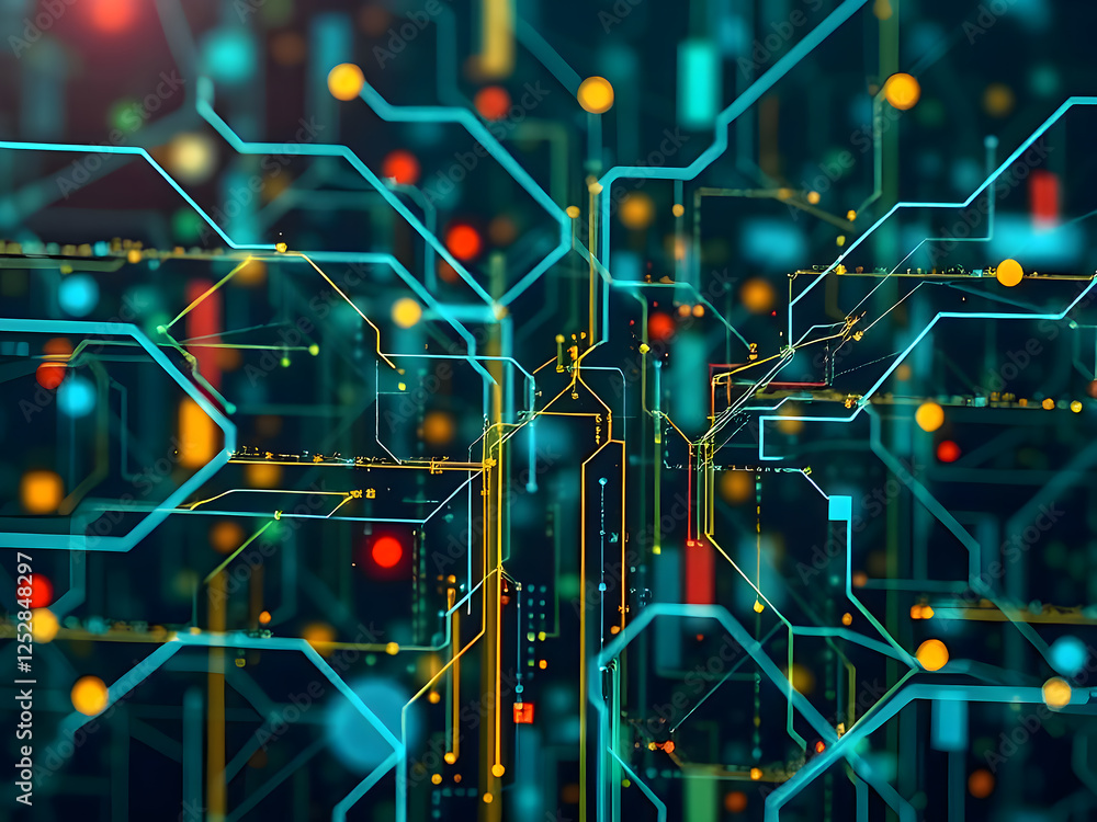Poster digital network: a futuristic, abstract rendering of a complex digital network, characterized by glo