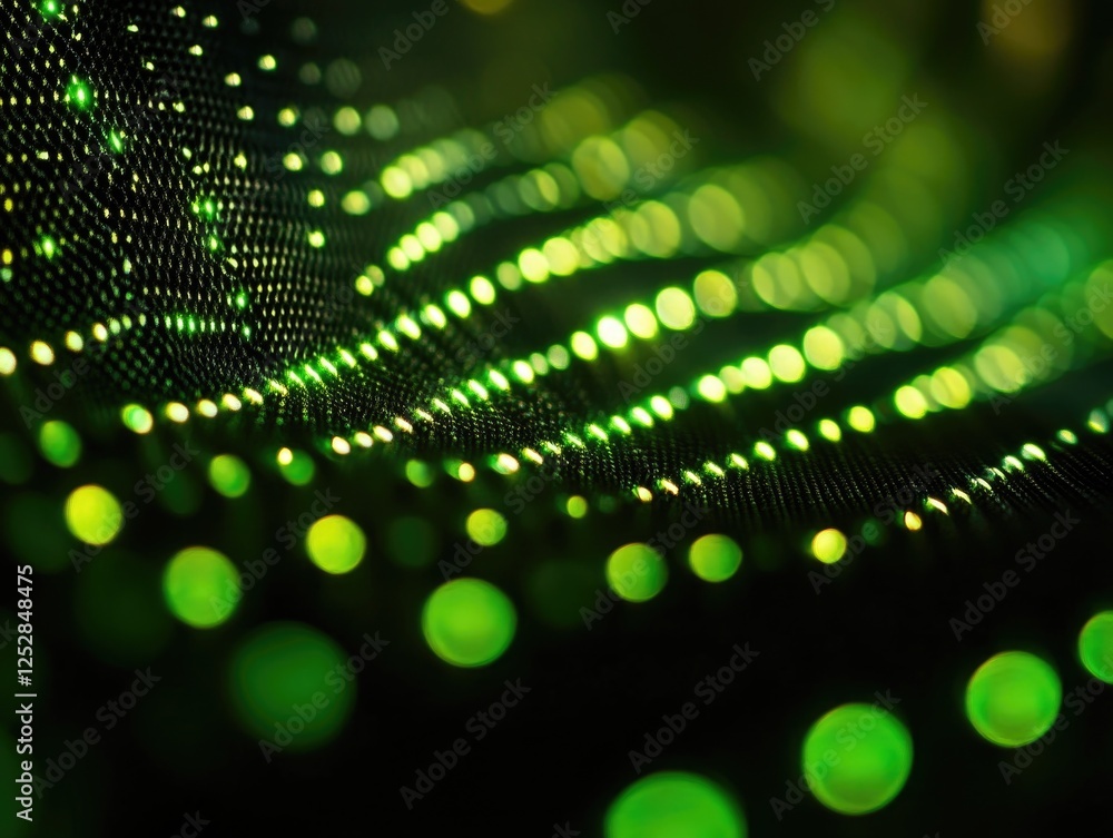 Poster an up close view of green led lights on a printed circuit board, showcasing the precision and comple