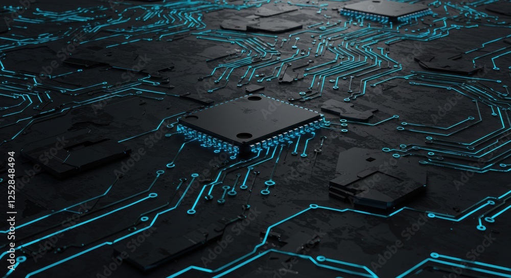 Poster cyberpunk microchip: a close-up shot reveals a dark, futuristic microchip nestled within a complex n