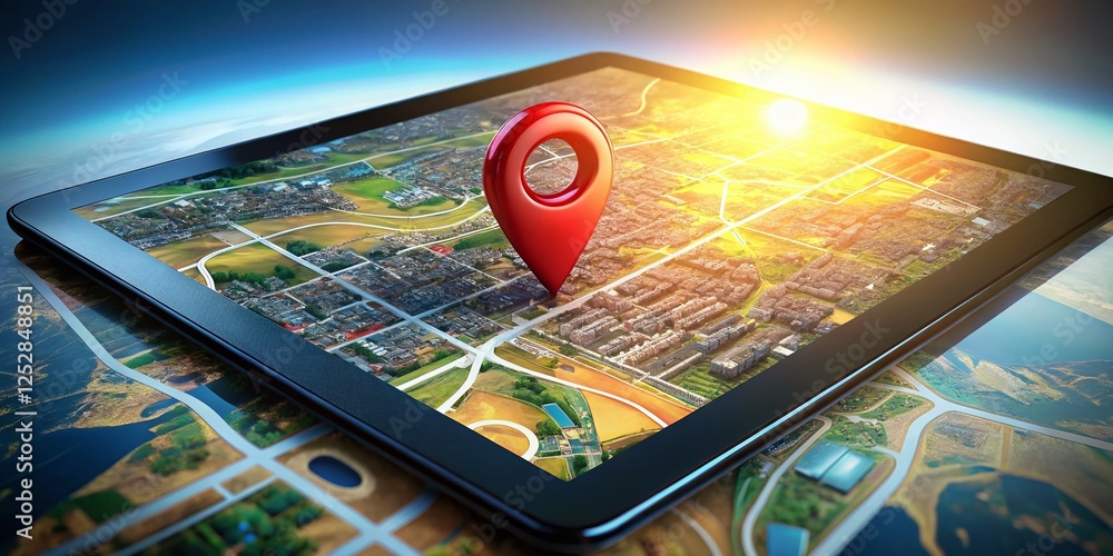 Aufkleber aerial drone view of digital map with red geolocation pin - highlighting gps technology