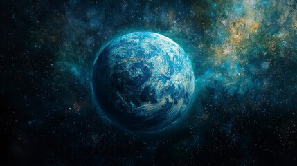 Naklejka premium Stunning Cosmic Artwork of a Blue Planet Surrounded by a Vast, Starry Universe in Vibrant Colors and Intricate Details for Surface Exploration Imagery