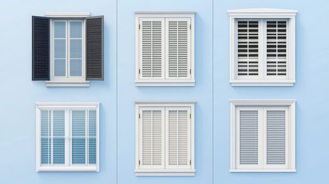 Windows with jalousie and roller shutter curtains. Plastic pvc single casement blinds front view. Home facade design elements isolated on transparent background, Realistic 3d vector illustration, set