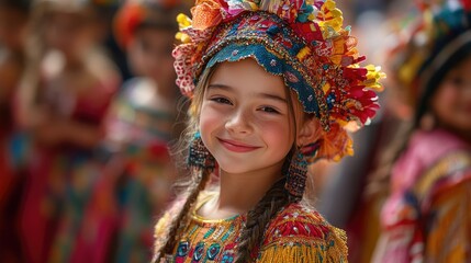 Fototapeta premium Young girl wearing traditional costume smiles during cultural festival in colorful attire in bright sunlight