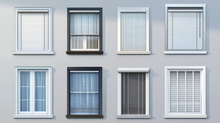 Fototapeta premium Windows with jalousie and roller shutter curtains. Plastic pvc single casement blinds front view. Home facade design elements isolated on transparent background, Realistic 3d vector illustration, set