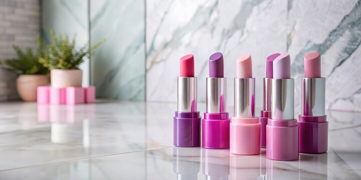 Colorful lip balm sticks with different shades of pink and purple packaging, placed on a marble surface in a modern bathroom