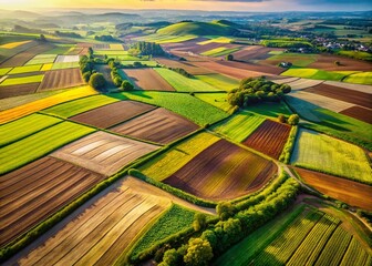 Fototapeta premium Aerial Macro View: Lush Patchwork Farmland, Diverse Crops, Drone Photography