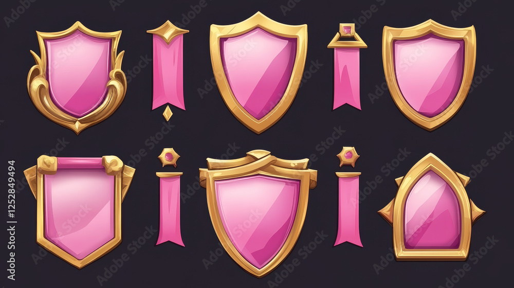Poster fantasy game buttons with gold frames different shapes. vector user interface elements for rpg game.