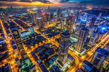 Fototapeta premium Aerial Night Cityscape Portrait: Illuminated Urban Panorama