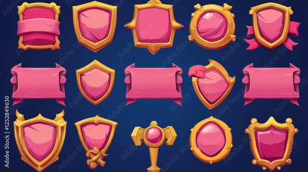Poster fantasy game buttons with gold frames different shapes. vector user interface elements for rpg game.