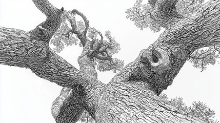 Highly detailed black-and-white gnarled tree illustration with intricate bark textures and a sense of natural age and majesty.

