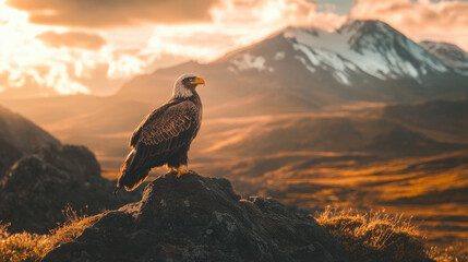 Fototapeta premium majestic eagle perched on rock with mountainous sunset backdrop
