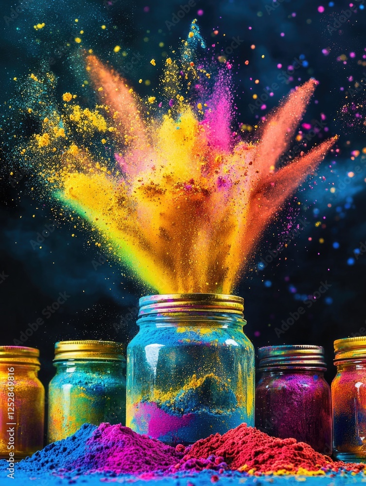 Poster a lively and festive scene with a burst of multicolored sparkles emanating from jars, symbolizing jo