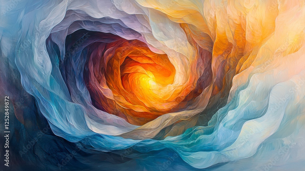 Poster swirling abstract art depicting vibrant colors and dynamic patterns in a hypnotic circular design wi