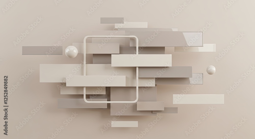 Poster abstract minimalist composition: a geometric arrangement of rectangular and spherical shapes in soft