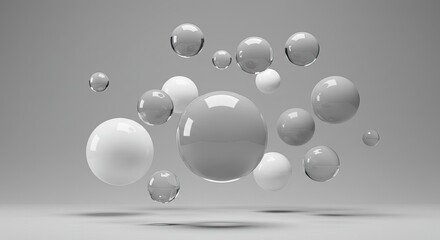 Floating Spheres: A minimalist composition of white, gray, and transparent spheres floating effortlessly against a seamless backdrop, evoking a sense of balance and tranquility.