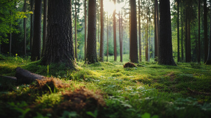 Obraz premium Sunlight filters through serene forest with tall trees and lush greenery