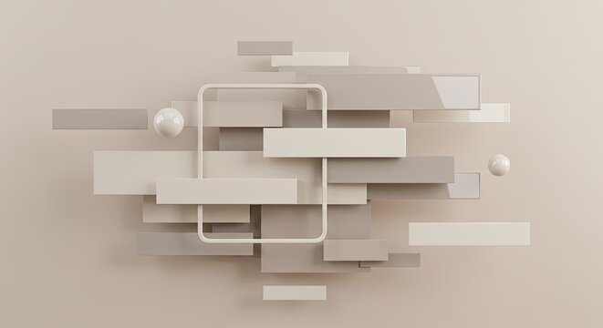 Abstract Minimalist Composition: A  geometric arrangement of rectangular and spherical shapes in soft beige and white tones, creating a  minimalist and visually engaging composition.