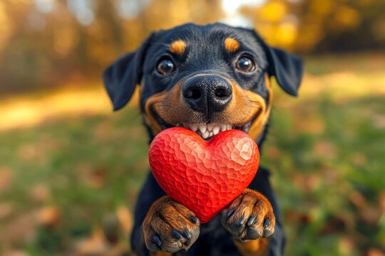 Rottweiler - my treasured dog, symbol of friendship. Cute rottweiler pooch with diamond red heart on a walk in a spring park. Marketing furry friend animal artwork. Puppy with heart accessory.