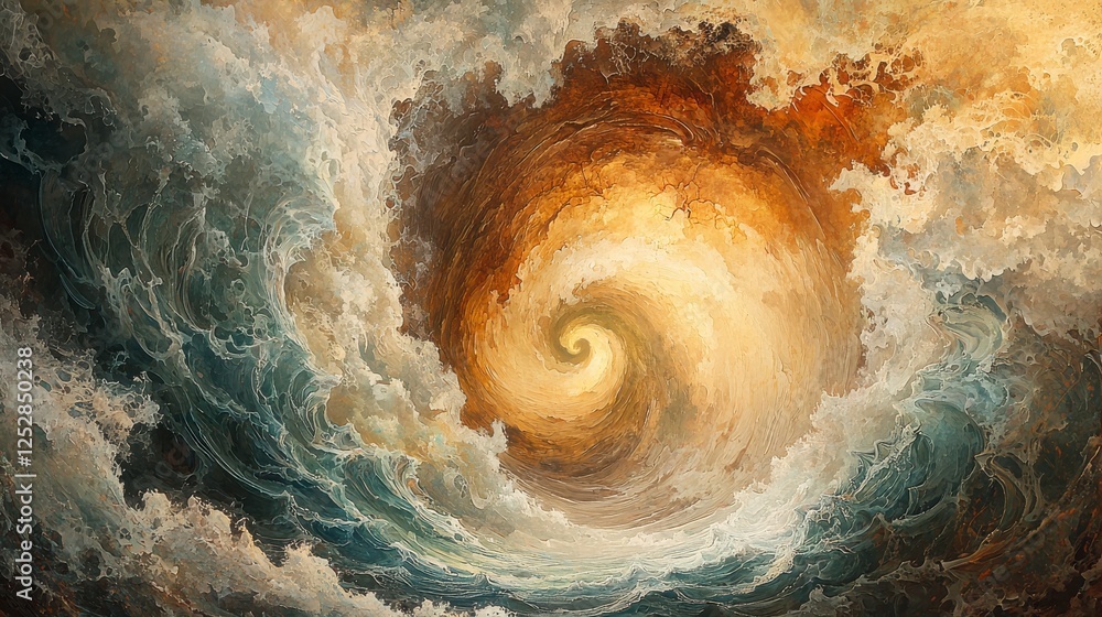 Poster swirling ocean waves in a vortex of energy and colorful swirling patterns with dramatic cloud format