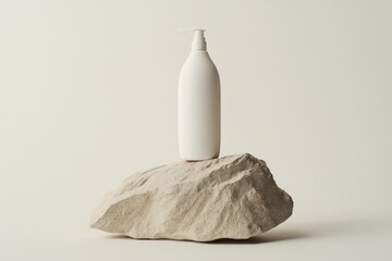 Cream bottle on rock, minimalist display, studio shot, neutral colors
