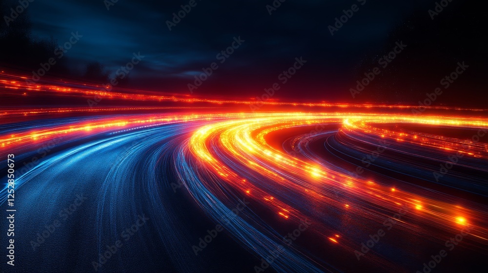 Poster light trails on a highway at night, dynamic movement. urban speed and technology concept