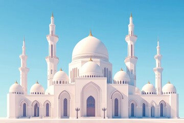 Fototapeta premium A white mosque with three minarets, an example of Islamic architecture and a cultural landmark.