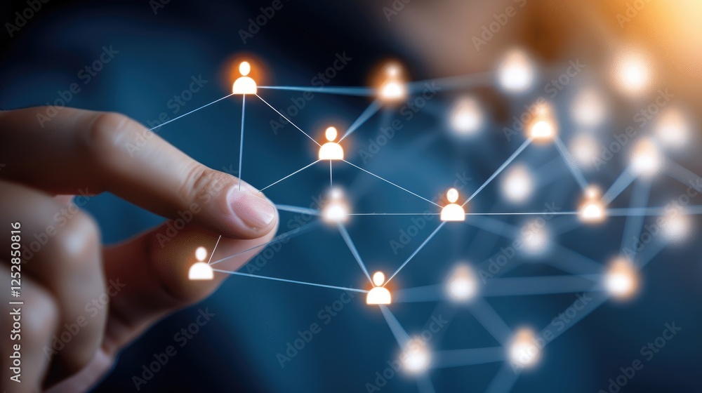 Poster connecting digital network nodes with a finger gesture, symbolizing technology and communication.